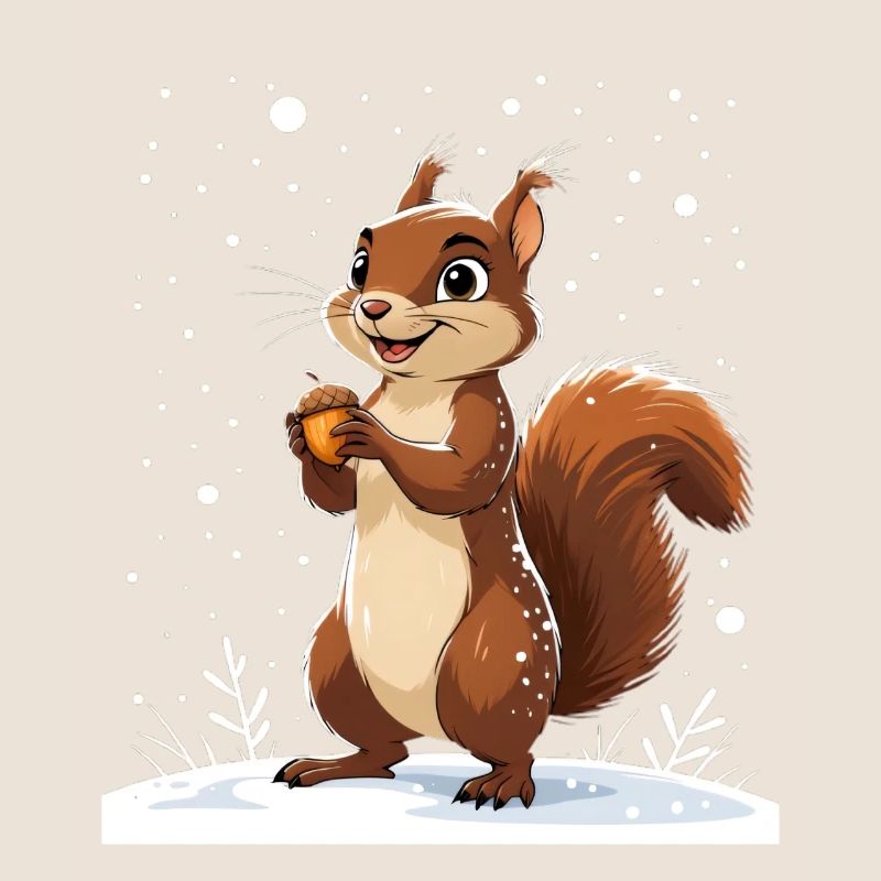 Winterliches Eichhörnchen mit Eichel