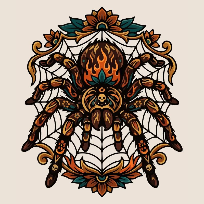 Tarantula Fire Flames Spider Web Pattern Motif