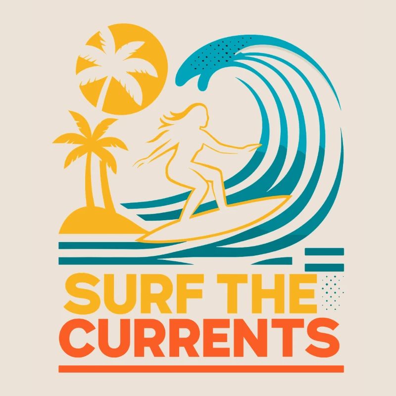 Surf The Currents Waves Palm Trees Beach Motif