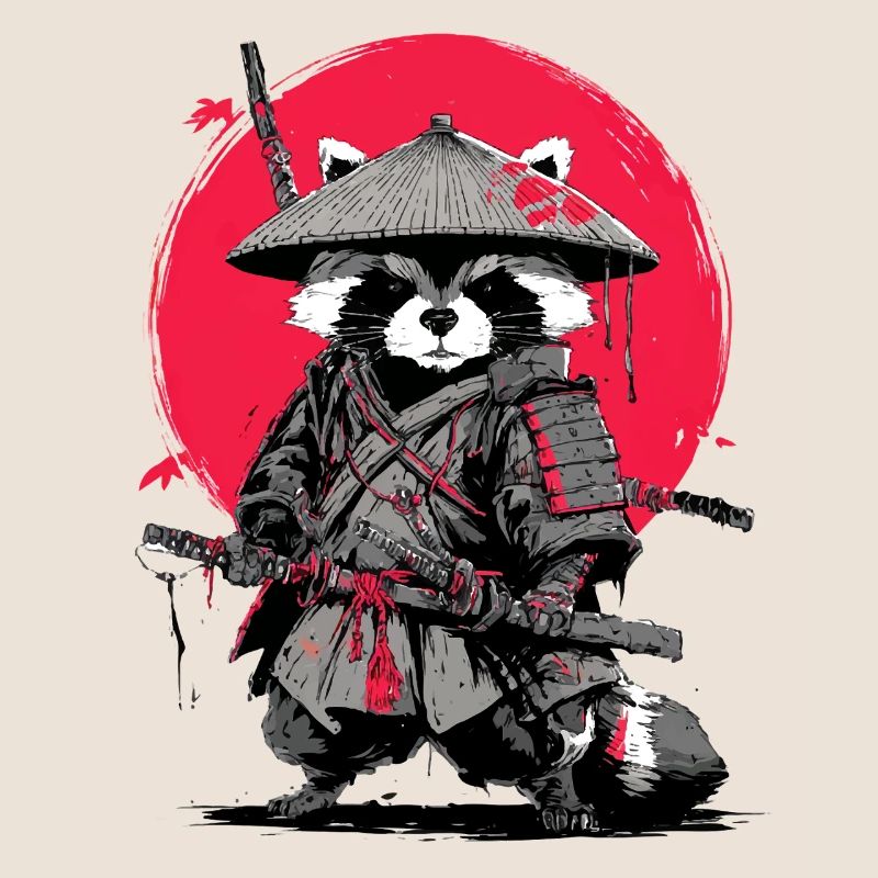 Raccoon Samurai under Crimson Moon