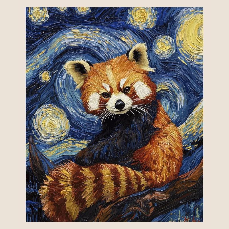 Red Panda Bear Van Gogh Style Starry Night