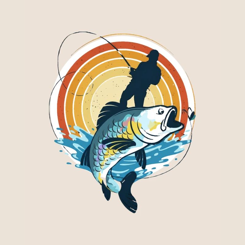Pêcheur et poisson géant dans le cercle du soleil