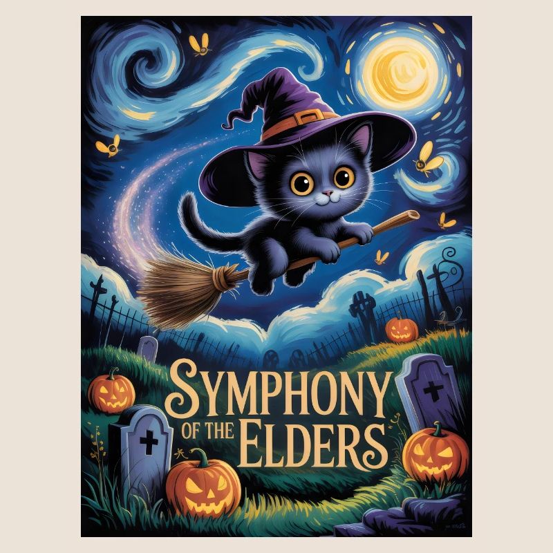 Witch Kitten Flying Over Halloween Graveyard