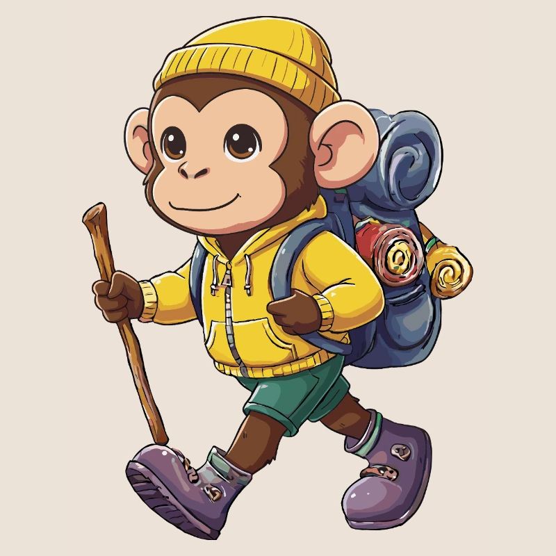 Cute Monkey Hiking Camping Adventure Backpacker