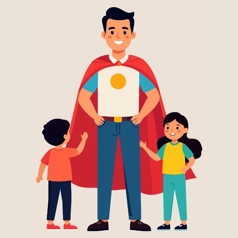 Erzieher Held oder Heldenvater mit Cape und Kinder