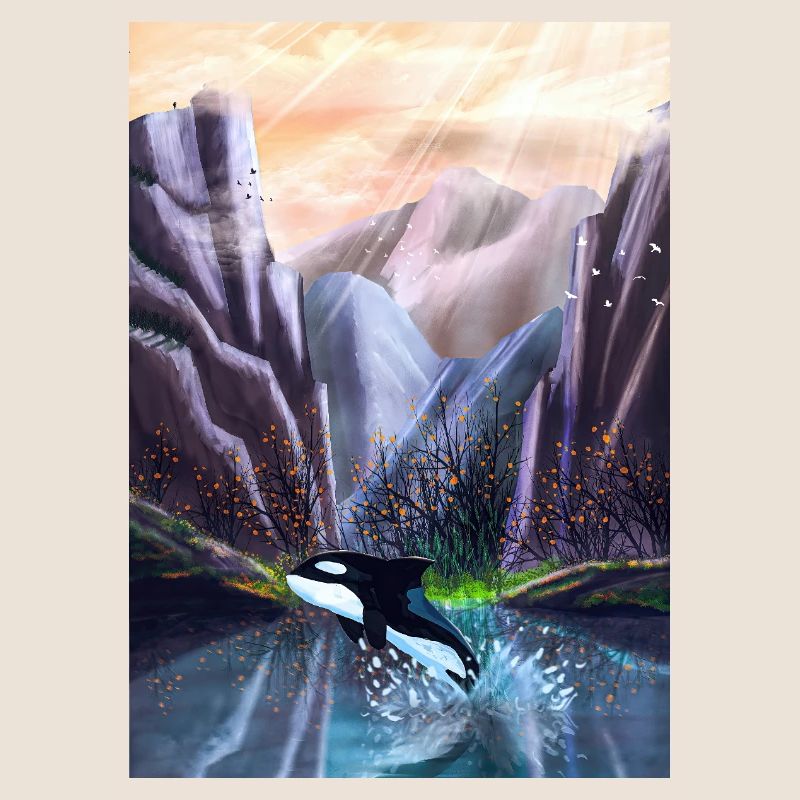 Orca jumping in mountain valley