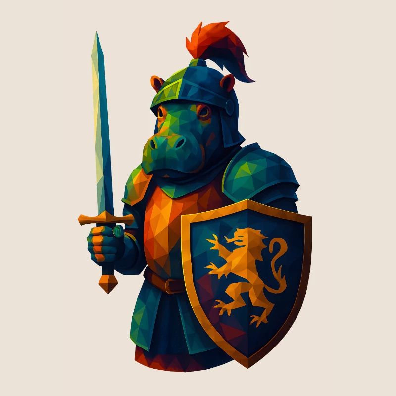 Animaux de style WPAP - Hippopotame avec armure de chevalier, épée