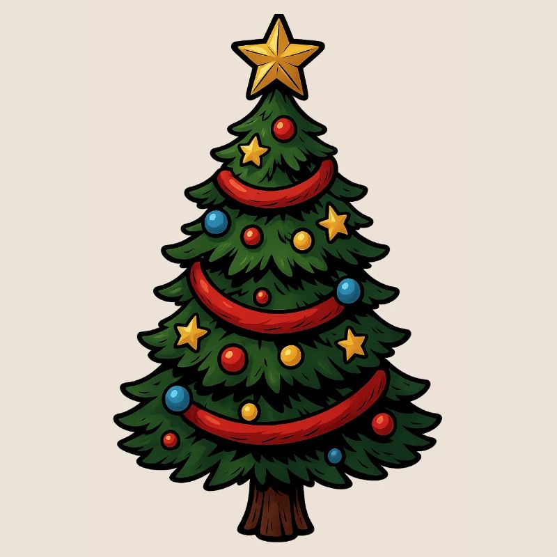 Comic Christmas tree colorfully decorated