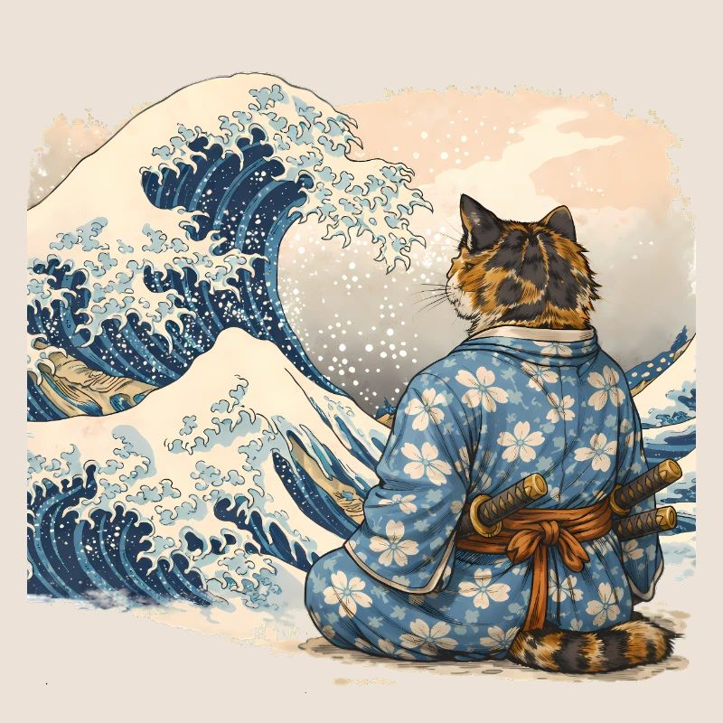 Samurai Cat Wave japanischer Ukiyo-e-Stil