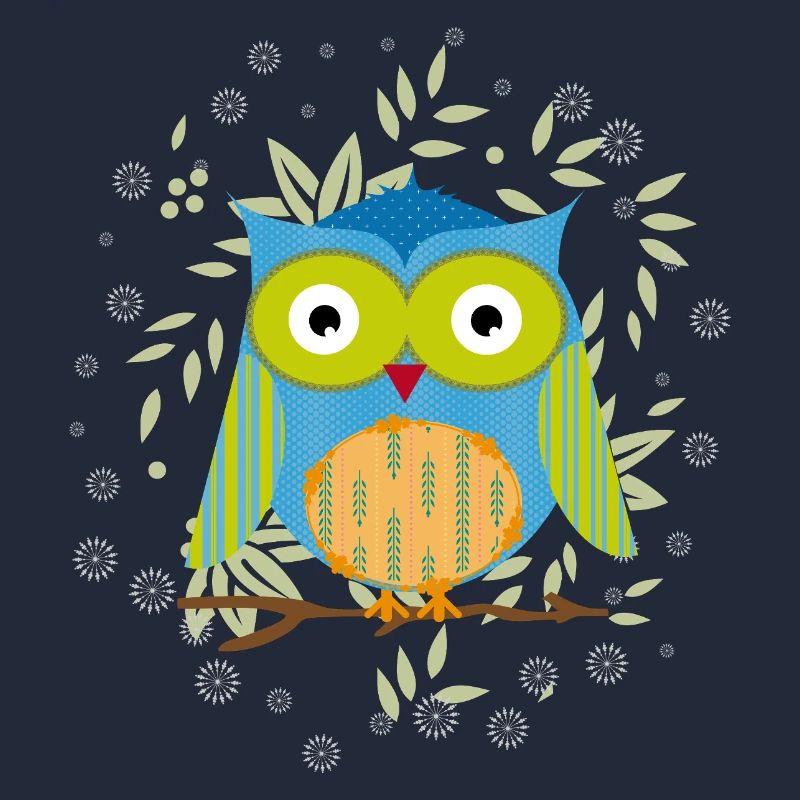 Hibou patchwork élégant sur une branche dans une mer de feuilles
