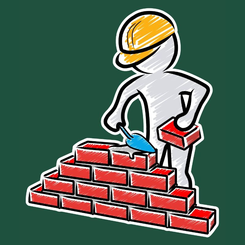 Construction worker with trowel, mortar and wall