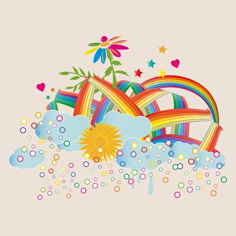 fairytale rainbow sky with clouds & flower