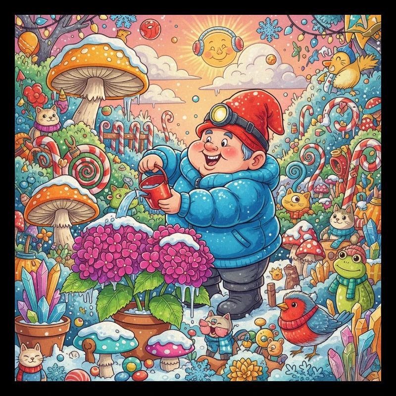 Garden gnome watering hydrangea in the snow