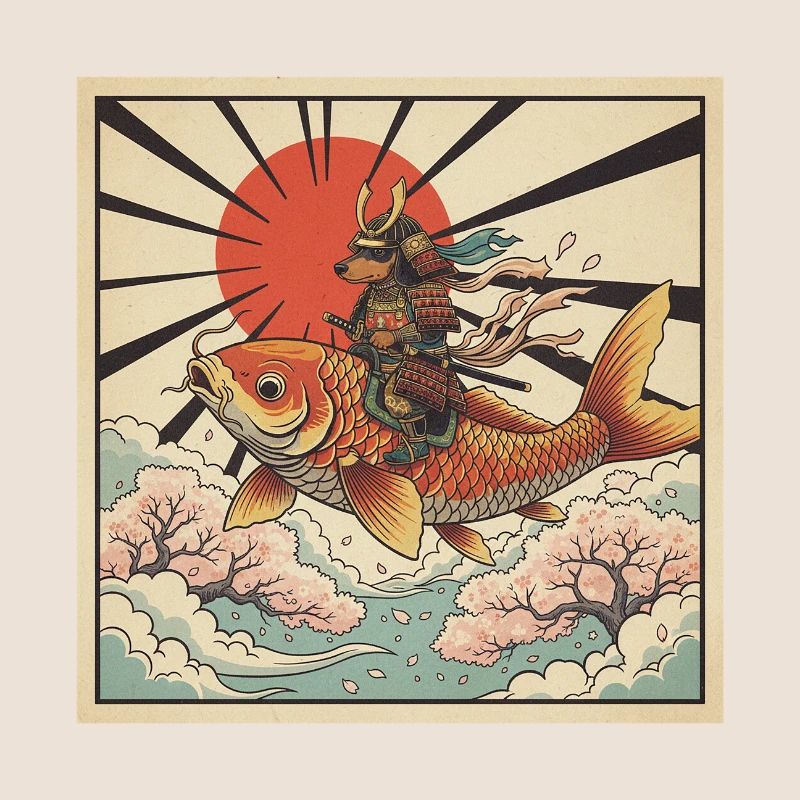 Poisson koi géant chevauché samouraï teckel japonais