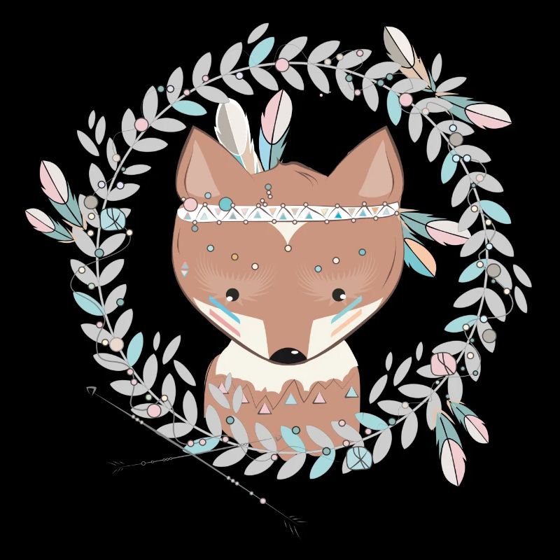 small fox with feather decoration in ethno frame