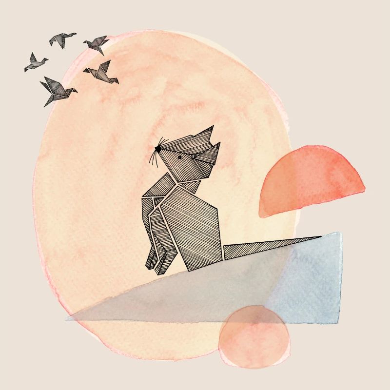 Illustration de l’origami du chat et des oiseaux