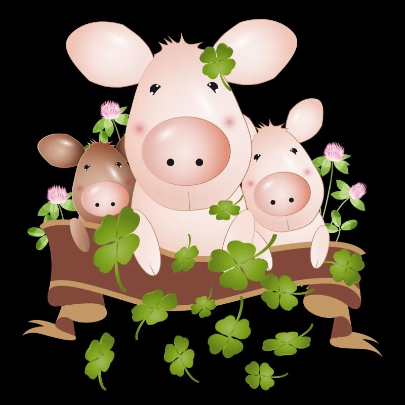 three lucky pigs with four-leaf clovers