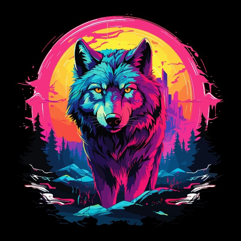 Wolf Night Moon Neon Wolf Head Forest Nature Mountains