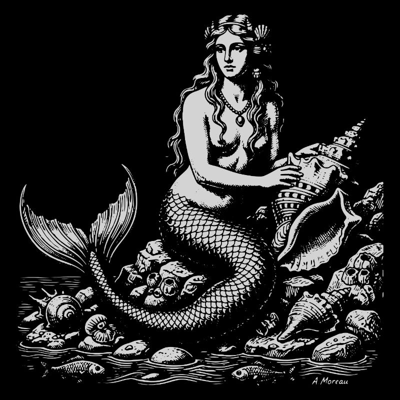 Mermaid on Rocks Vintage Engraving