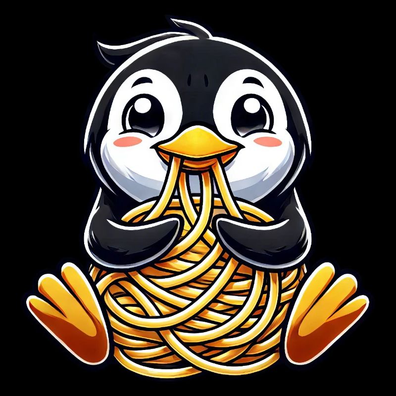 Clumsy penguin eats spaghetti