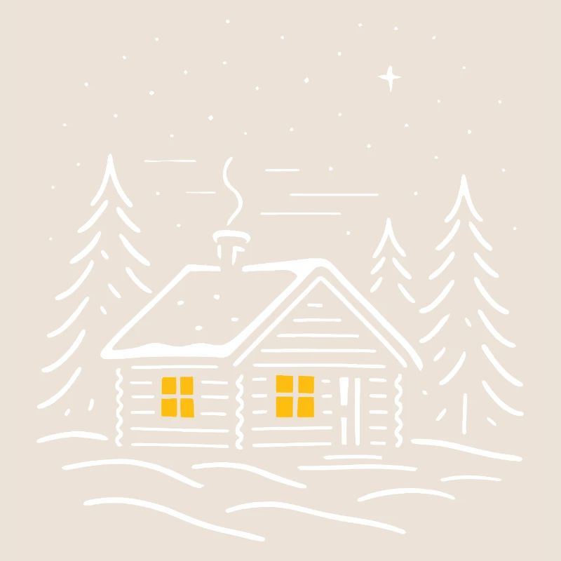 Illuminated snowy cabin with a tree