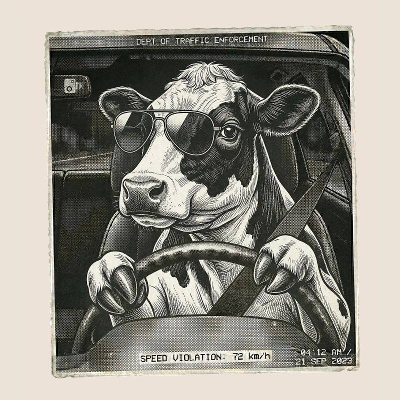Dairy cow flashed driving a car