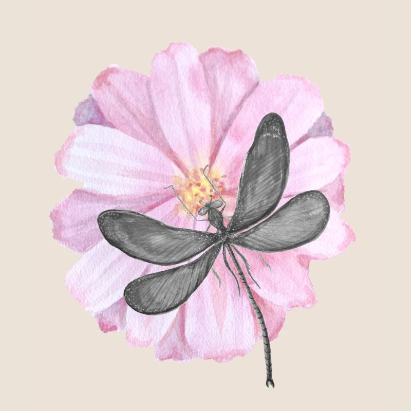 Libelle mit zarter rosa Blume