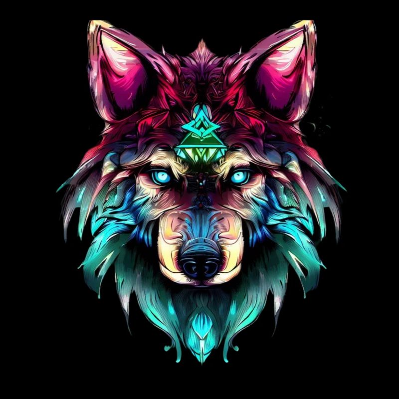 Mystischer Wolf Synthwave Wolfskopf