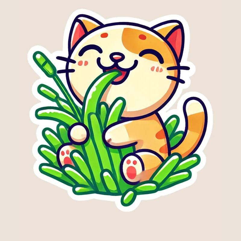 Chat roux mignon mangeant de l’herbe verte