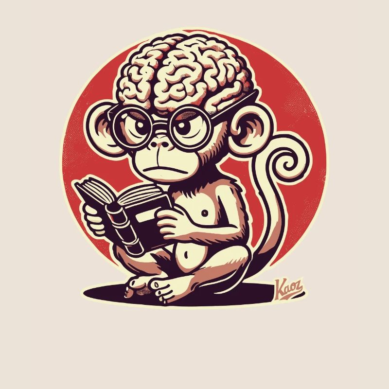 Nerd monkey with big Geirn reading a book