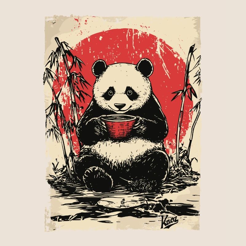 Panda avec soupe dans une forêt de bambous