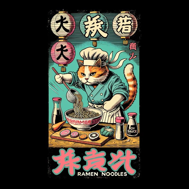 Ramen Chefkoch Katze Kawaii Retro Japan Ukiyo-E