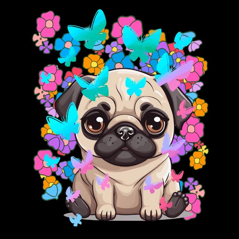 Chien Chiens Carlin Printemps Fleurs Papillons