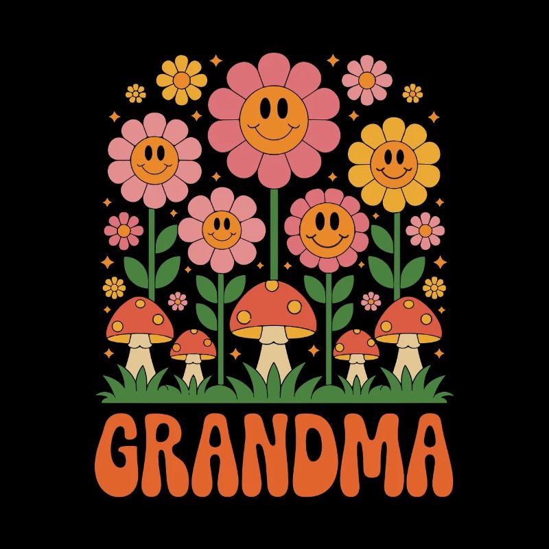Fleurs et champignons joyeux pour grand-mère