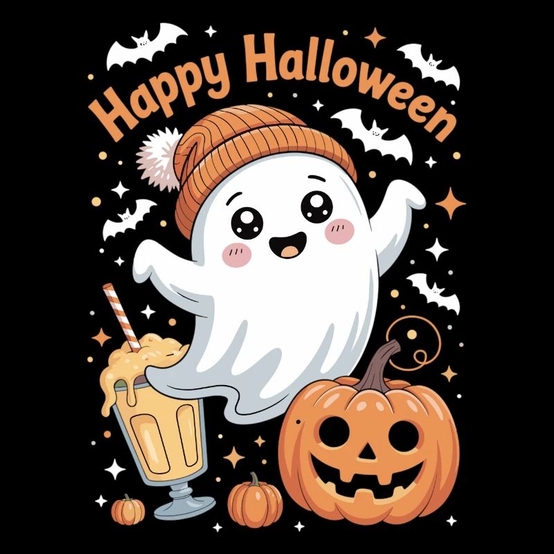 Cute Halloween Ghost with Hat and Coffee