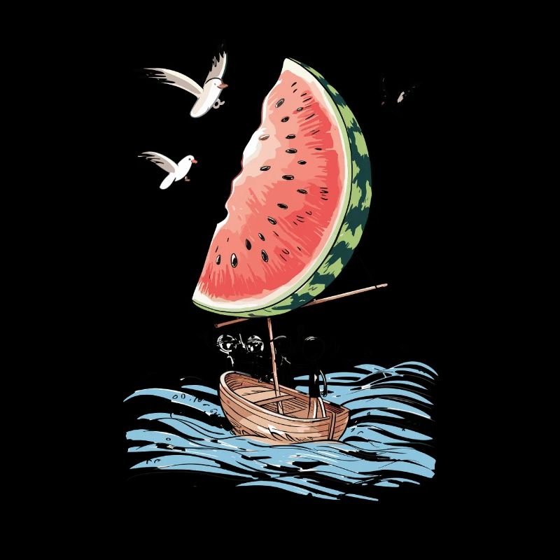 Bateau pastèque naviguant sur les vagues avec des mouettes