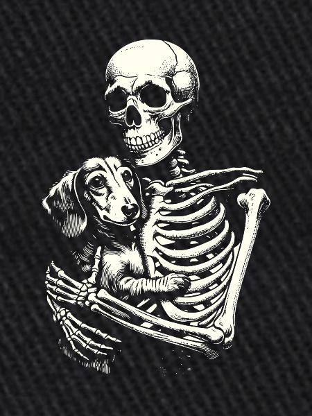 Skeleton hugging dachshund