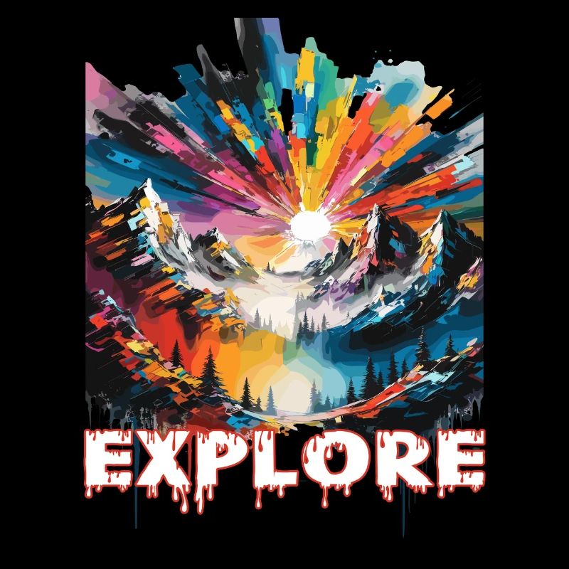 Colourful landscape with 'Explore' print