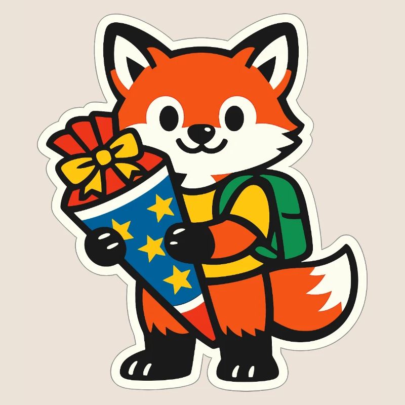 Fuchs mit Geschenk und Rucksack Einschulung