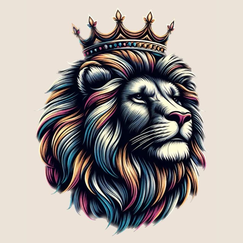 Ein bunter Löwe mit einer Krone