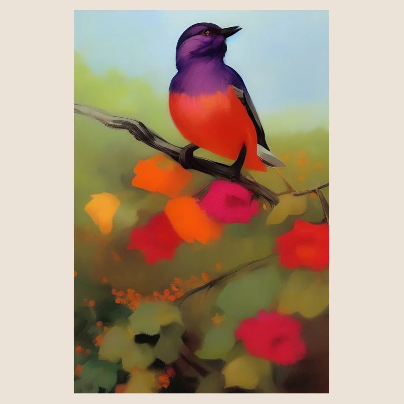 Oiseau sur branche avec des fleurs colorées