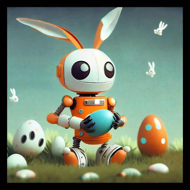 cute little orange vintage robot is Easter Bunny