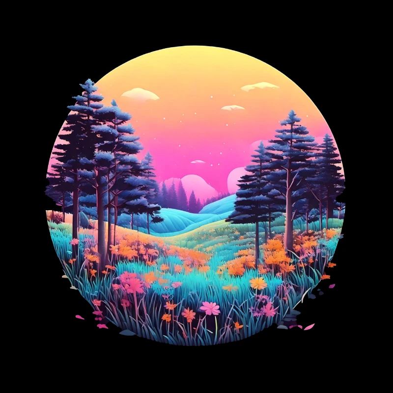 Prairie forestière au coucher du soleil dans une mer de fleurs