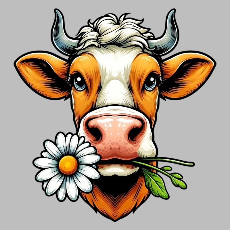 Kuh mit einer Gänseblümchenblume im Maul Blumen