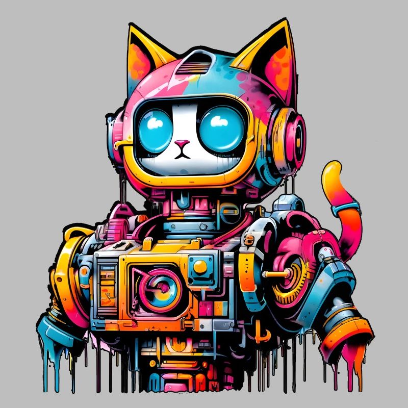 Chat conçu comme un robot dans le style graffiti de la bande dessinée