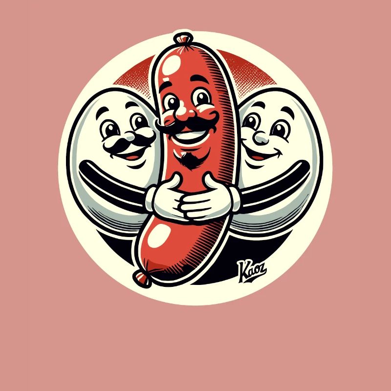 Bratwurst sausage hugged by two eggs