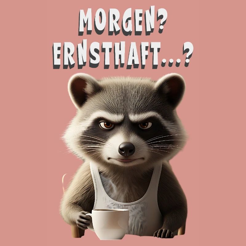 Grumpy raccoon with coffee saying morning grouch