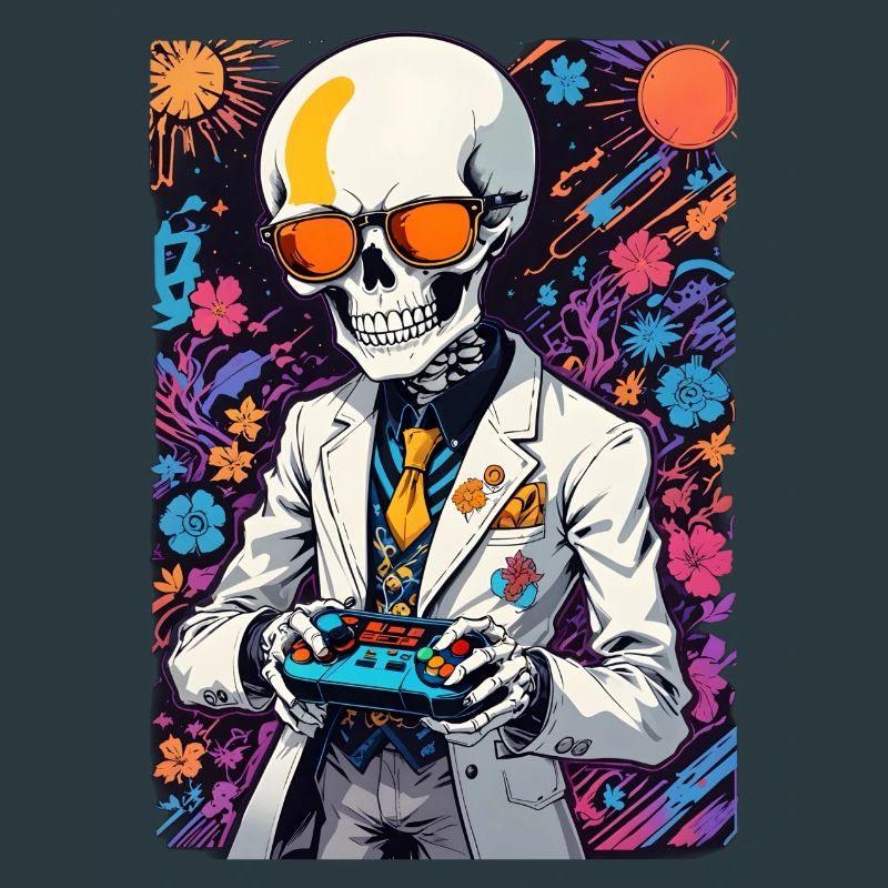 Retro Gamer Skeleton with Controller Console Games
