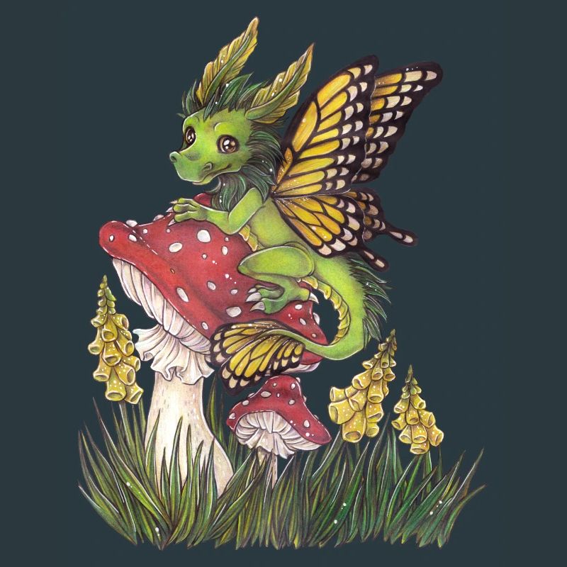 Forest Dragon on Toadstool Cute Butterfly