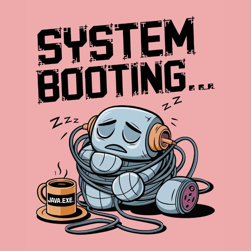 Sleepy Robot Booting with Java.exe Coffee – Funny